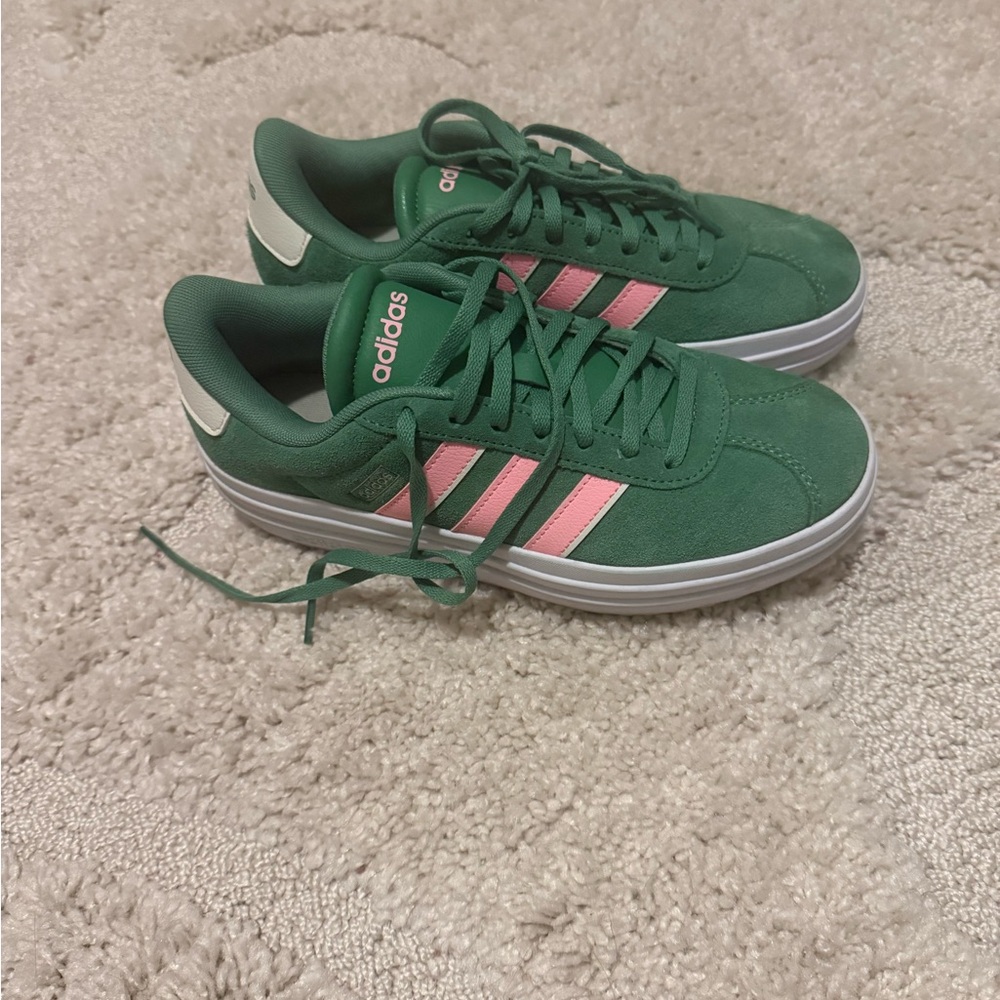 Adidas Gazelle Platform Green Sneakers with Pink Stripes